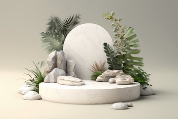 Abstract summer backdrop with a marble product display podium. On a little island of stones with water, there is a natural stone pedestal with green fern plants. Generative AI