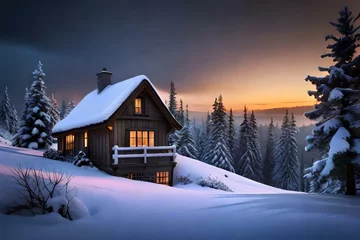 Fotobehang house in the mountains.winter landscape with snow covered trees © Huzaifa