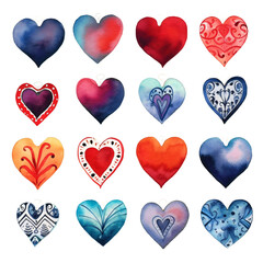 Fototapeta na wymiar different designs of hearts arranged chaoticall in watercolor design isolated on transparent background