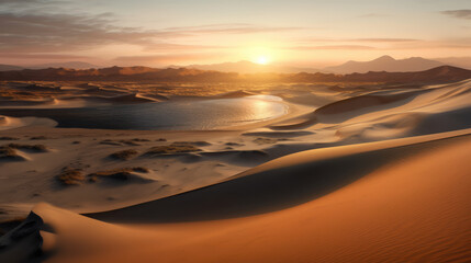 Fototapeta na wymiar Sunset on a sandy beach panoramic landscape view - Generative AI