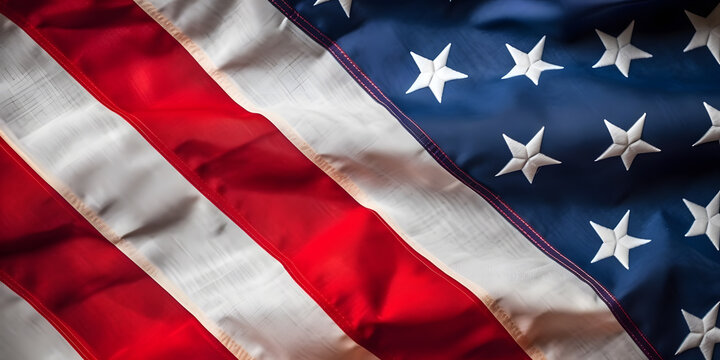 Closeup of United States of America flag, shallow depth of field. USA independence day. Generative AI technology.