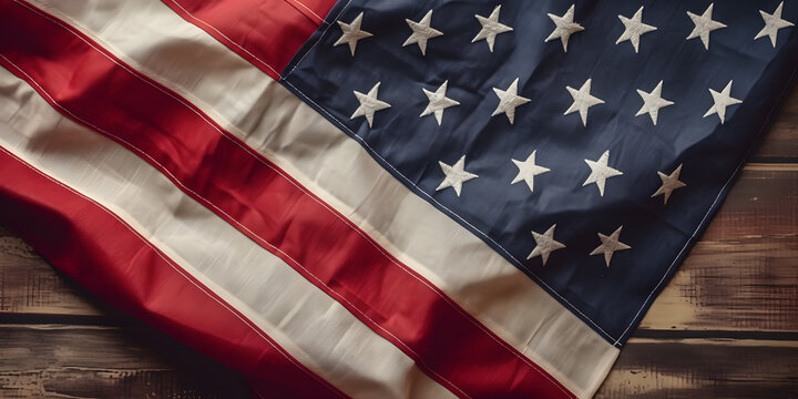 American flag on wooden background. Top view. Copy space for text. Closeup of United States of America flag, shallow depth of field. USA independence day. Generative AI technology.