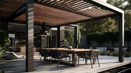 Fototapeta na wymiar Modern patio furniture includes a pergola shade structure, an awning, a patio roof, a dining table, seats, and a metal grill.