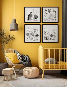 Yellow Stylish Nursery Room, With Two A4 Black Frames On The Wall For Mockups