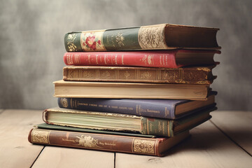 Leisure, history, still life concept. Stack of vintage books background with copy space. Books with colorful ornamental side covers. Generative AI