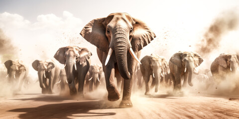 A Herd of elephants stampede through a grassy landscape, kicking up dust and creating a cloud of debris. - generative ai.