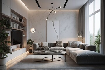 spacious modern living room with a comfortable sectional couch as the centerpiece. Generative AI