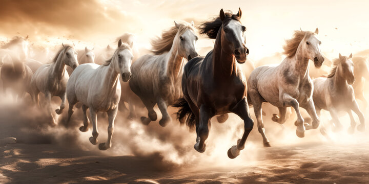 A herd of horses run and kick up the dust, creating a scene of nature's power - generative ai.