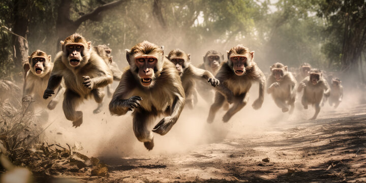 A herd of monkeys runs and kicks up dust - generative ai