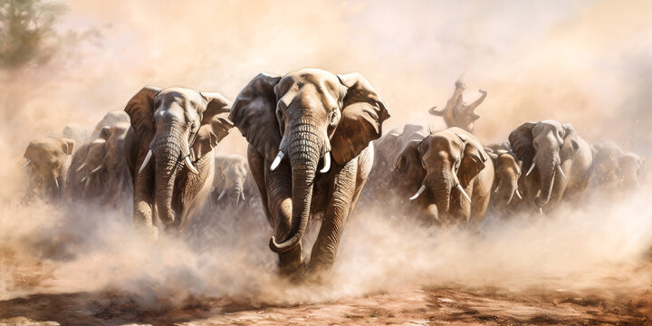 Elephants stampede through the savannah, sending clouds of dust into the air. - generative ai