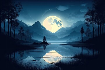 Naklejka na ściany i meble serene night landscape with mountains and a reflective lake. Generative AI