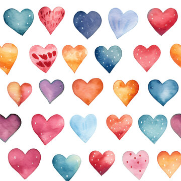 different designs of hearts arranged chaoticall seamless pattern in watercolor design isolated on transparent background