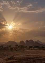 Typical landscape in Alula region near Hegra Mada'in Salih archaeological site just before sunset -...