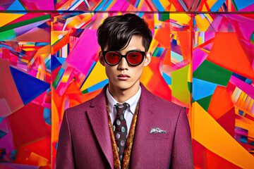 High Fashion Korean model man in colorful bright lights posing in studio, portrait of beautiful sexy male with trendy wear. Art design, colorful make up. Generative AI