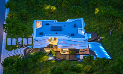 3d rendering of cute cozy modern house with bionic natural curves plastic forms with parking  and pool for sale or rent with beautiful landscape. Clear summer night with many stars on the sky