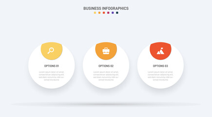 Timeline infographic with infochart. Modern presentation template with 3 spets for business process. Website template on white background for concept modern design. Horizontal layout.