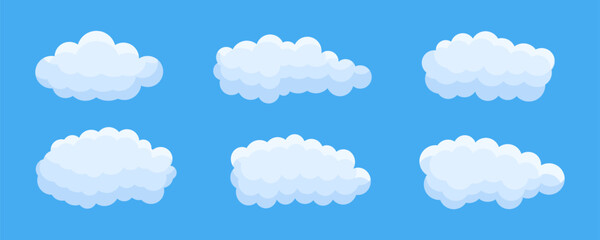 Set of clouds isolated on blue background. Cartoon cloudscape collection on blue sky. Flat vector illustration