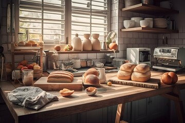 Obraz na płótnie Canvas Breakfast scene with toaster, dishes and sandwiches on bright kitchen table. , .highly detailed, cinematic shot photo taken by sony incredibly detailed, sharpen details highly realistic prof