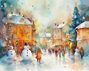 A Festive Wonderland: Bright and Warm Merry Christmas Village, Crowded with Joyful People, Happy Family Celebrations, and Delightful Watercolor Art of Christmas Trees and Snowmen