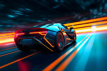 Fototapeta na wymiar Futuristic Sports Car On Neon Highway. Powerful acceleration of a supercar with colorful lights trails.
