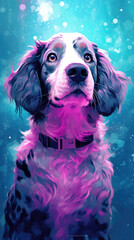 Dog posing isolated on purple studio background in neon. Looks happy, delighted. Concept of motion,