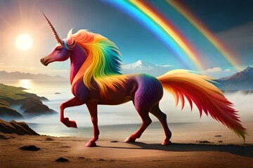 Obraz na płótnie Canvas A whimsical rainbow-colored kirin with a long flowing mane, representing good fortune and prosperity