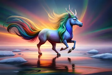 Fototapeta na wymiar A whimsical rainbow-colored kirin with a long flowing mane, representing good fortune and prosperity