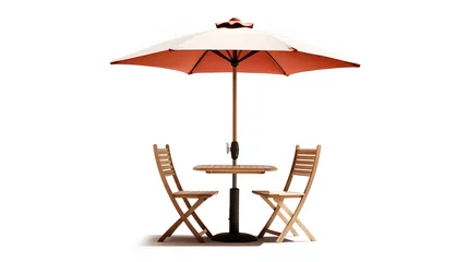 Fotobehang Cafe table with chair and parasol umbrella isolated on white background. . © Prasanth
