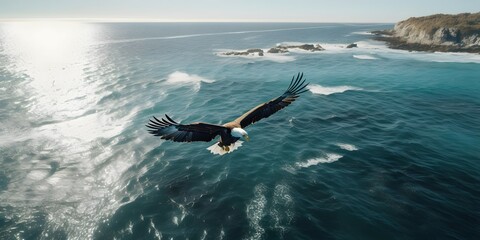 aerial view of eagle flying over the sea on sunny day, Cinematic, Photoshoot, Shot on 65mm lens, Shutter Speed 1 4000, F 1.8 White Balance, 32k, Super-Resolution, Pro Photo RGB, Half rear Lighting, Ba - obrazy, fototapety, plakaty