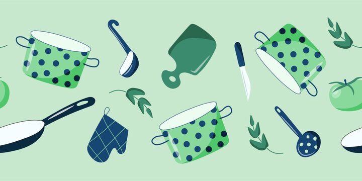 Cooking utensils in shades of green. Pot, pan, chopping board, tomatoes, knife, ladle. Seamless border. Vector illustration.