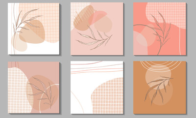 Set of gentle pastel beige and pink square abstract backgrounds. Linen texture. Graceful twigs with leaves