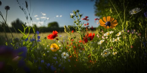Fototapeta na wymiar lots of summer flowers in meadow on sunny day, Photoshoot, Shot on 18mm lens, Shutter Speed 1 4000, F 1.8 White Balance, 32k, Super-Resolution, Pro Photo RGB, Half rear Lighting, Dramatic Lighting, In