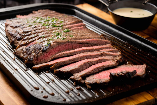 Grilled flank beef steak on a griddle with sauce, generative AI