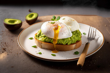 A piece of toast topped with avocado and poached eggs, generative AI