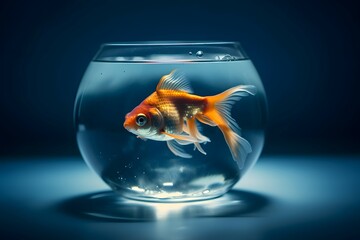 Naklejka na ściany i meble goldfish in a fishbowl on blue background, Cinematic, Photoshoot, Shot on 65mm lens, Shutter Speed 1 4000, F 1.8 White Balance, 32k, Super-Resolution, Pro Photo RGB, Half rear Lighting, Backlight, Dra