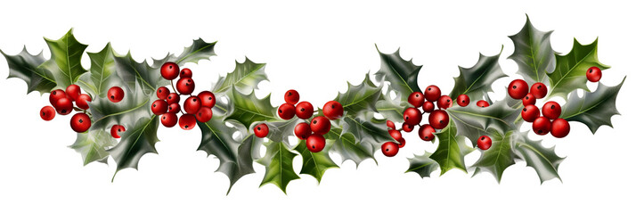 A border of holly leaves and red berries. Generative AI. Decorative clipart element on white background.
