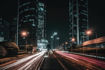 Fototapeta na wymiar busy city street with heavy traffic at nighttime. Generative AI