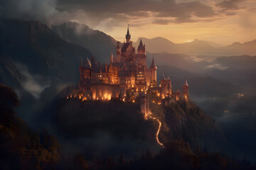 Old fairytale castle on the hill. Fantasy landscape illustration.