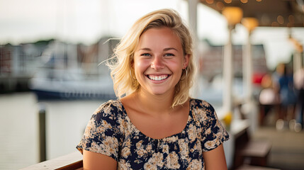 Portrait of young plus size woman against the backdrop of yachts and the sea Generative AI