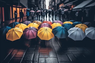 people strolling down a rainy city street with colorful umbrellas. Generative AI