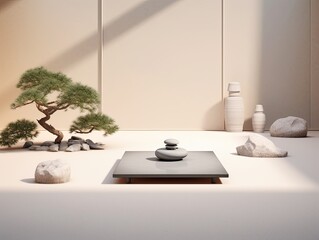 Capture the tranquility of a zen garden with minimalist design and serene greenery, evoking a sense of peace and mindfulness generated AI