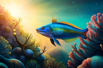 Obraz na płótnie Canvas mythical sea creature emerging from the depths of the ocean, with a shimmering tail, glistening scales, and a crown of coral and pearls. Show it gracefully swimming among vibrant coral reefs