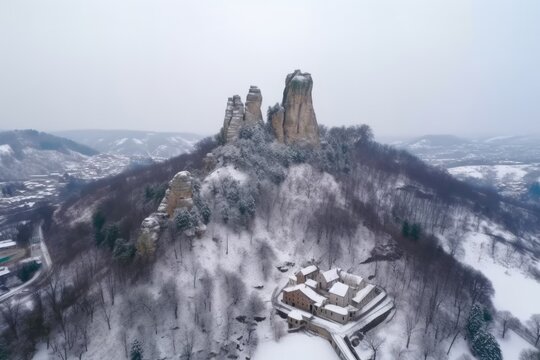snow-covered castle seen from above. Generative AI