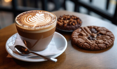 steaming cup of coffee with chocolate cookies on wood