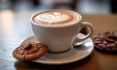 steaming cup of coffee with chocolate cookies on wood
