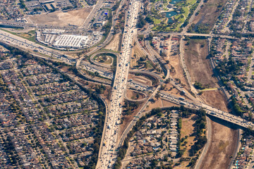 Aerial view of the I-5 Golden State Freeway and I-605 San Gabriel Freeway Interchange in Santa Fe...