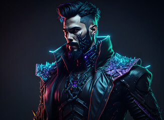 An appealing man in futuristic garb is depicted in a cyberpunk painting. Generative AI.