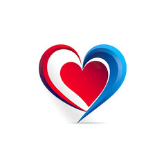 A red and blue heart with a shadow on a white background. Generative AI.