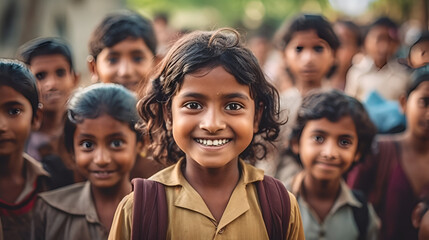 school children Smiling child looking at camera with friends in the background, India children Generative AI