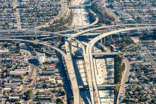 Harbor Gateway North, Southern California, USA Daytime Aerial view of the I-110 Harbor Freeway and the I-105 Century Freeway interchanges in Los Angeles.    Judge Harry Pregerson Interchange 